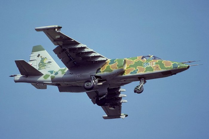 1992년 에어쇼에 특별 도장을 하고 시범 비행 중인 체코 공군 소속 Su-25K. NATO 코드명이 ‘개구리 발’이라는 점을 고려한다면 수직미익의 마킹이 흥미롭다. < 출처 : GNU Free Documentation License >