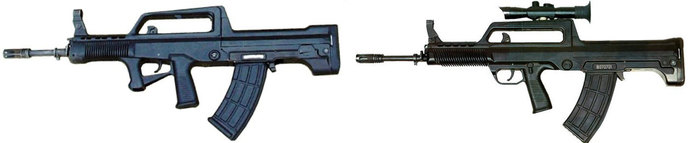 인민해방군은 현대화 성과를 과시하기 위해 1997년 미래적 외양의 불펍소총 QBZ-95(좌)를 제식소총으로 채용했다. 개량형인 QBZ-95-1(우)이 나온 것은 2011년 경이다. <출처: Public Domain>