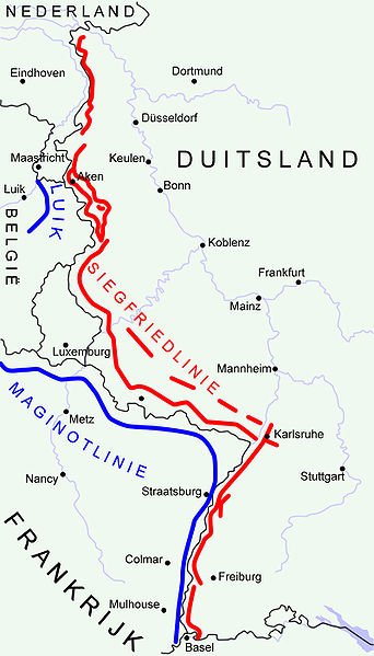 지그프리드 라인은 1940년대 독일의 본토 서쪽 방어선 역할을 했으며, 프랑스의 마지노 선과 마주 보고 있었다. (출처: wikimedia commons)