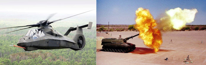 너무도 비싼 개발비용으로 취소되었던 RAH-66 코만치 정찰헬기(좌)와 XM2001 크루세이더 자주포 <출처: 미 육군>