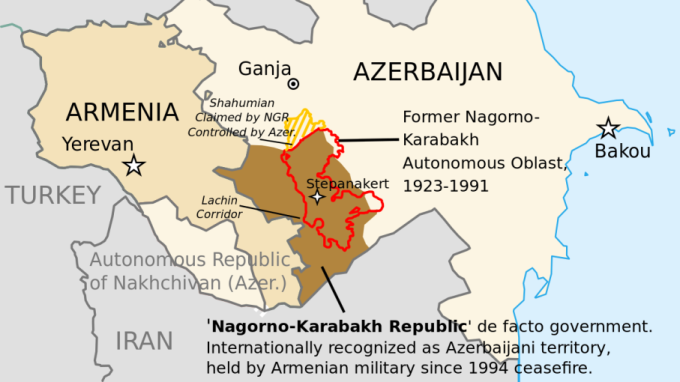 1994년 양국의 휴전 이후 확장된 아제르바이잔 영토 내 아르메니아의 실효 지배 지역 <출처: 영토변화(bne IntelliNews)>