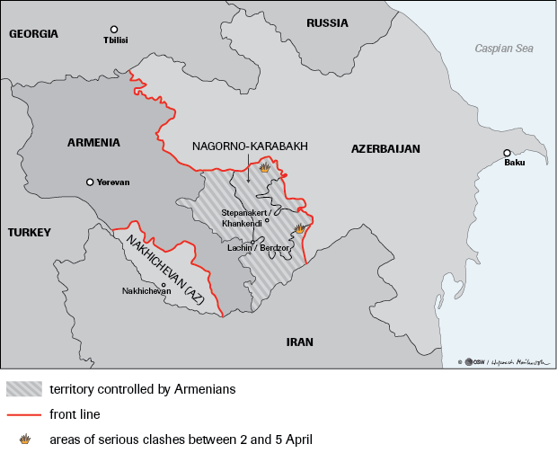 2016년 4월 2일부터 5일까지 아르메니아-아제르바이잔 분쟁 발생 지역 <출처: bne IntelliNews>