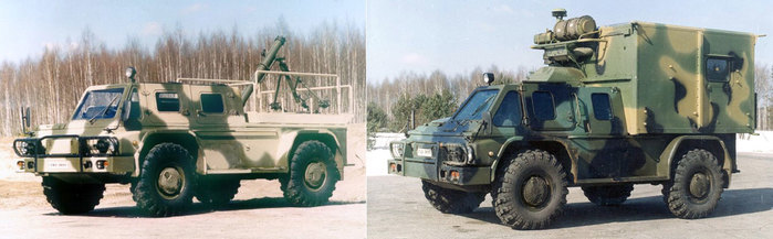 박격포 탑재형(좌)과 기술지원형(우)의 GAZ-3937 보드닉 <출처: Public Domain>