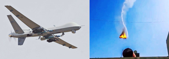 프레데터를 이어 MQ-9 리퍼(좌)가 등장했지만, 반군조차 대공미사일을 보유한 현대 전장에서 한계를 노출하고 있다. 오른쪽 사진은 예멘 반군에 의해 격추된 MQ-9 리퍼의 모습이다. <출처 : (좌) 미 공군, (우) Babak Taghvaee/Twitter>