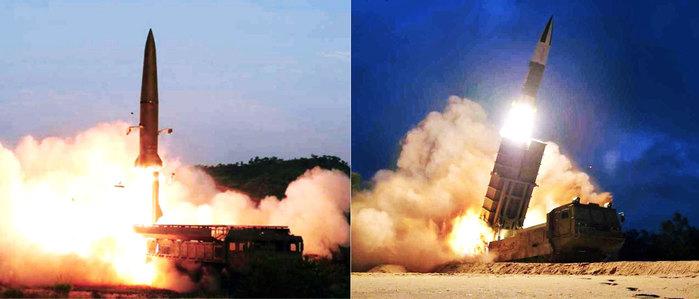 최근 북한은 한국형 미사일방어체계를 무력화하기 위하여 정점 고도가 낮은 전술탄도미사일인 KN-23(좌)과 KN-24(우) 등을 속속 개발하고 있다. <출처: Public Domain>