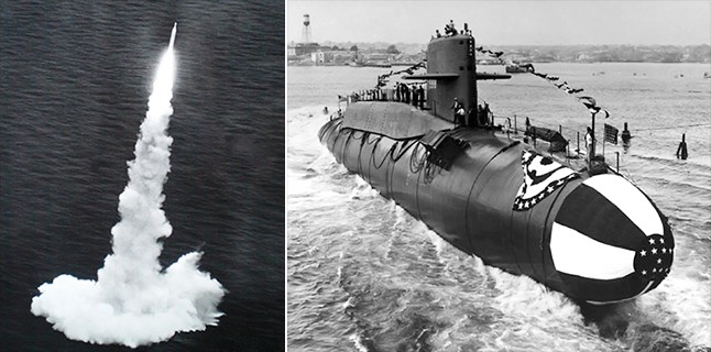 (좌) 미국의 폴라리스 미사일(사진)은 당시 러시아 SLBM과는 달리 수중에서 발사가 가능했다는 장점이 있었다. 이후 러시아도 수중발사 SLBM과 SSBN의 개발에 박차를 가하였다. (우) 미국은 소련보다 먼저 원자력 추진 전략잠수함을 보유함으로써 SLBM 전력에서 우위를 차지하게 되었다. 사진은 SSBN-589 죠지 워싱턴의 진수장면이다. 