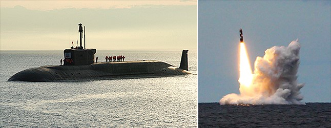 소련 붕괴 후 러시아는 기존의 SSBN을 유지하기도 버거웠으나, 이제 보레이급 잠수함(좌)과 불라바 SLBM(우)을 배치하면서 핵전력을 강화하고 있다. 