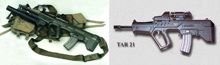 왼쪽 사진: M203 40mm 유탄발사기 장착을 위해 긴 총열을 장착한 초기형 TAR21 소총. 많은 AR 소총을 운용한 나라답게 이스라엘은 상당수의 M203 유탄발사기 재고를 보유하고 있어 신형 소총에도 이를 장착하기 위한 설계를 적용했다. 오른쪽 사진: ITL 사의 MARS 조준경과 N/SEAS 야간투시경까지 장착한 완벽한 TAR21 소총 <출처:ISARAYET.COM>