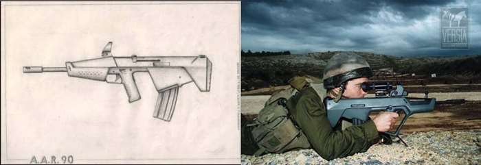 발사 가능한 최초 시제소총 AAR90의 스케치(왼쪽)와 실제 모습(오른쪽). 지금보다 부피가 훨씬 작아 개발 초기에 부피를 줄이기 위해 많이 노력했음을 알 수 있다. <출처: VERSIA MILITARY>