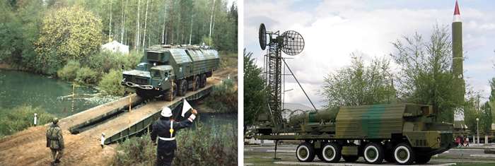 RT-2PM 토폴 미사일은 미사일 발사차량 이외에도 전투지휘통제차량(왼쪽)과 통신중계차량(오른쪽) 등이 있어야 비로소 발사가 가능하다. <출처: Public Domain>