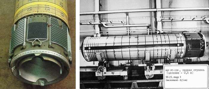 RT-2PM 토폴의 1단 발사체(왼쪽). 끝단을 보면 제트베인과 그리드핀이 장착되어 있다(오른쪽). <출처: Public Domain>