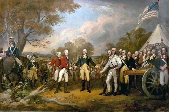 모건 소총부대는 저격 임무를 수행하여 독립전쟁 승리에 기여했다. 사진의 중앙 오른쪽에 흰색 제복을 입은 것이 지휘관인 모건 대령이다. 그림은 영국군 존 버고인(John Burgoyne) 장군의 항복 장면을 묘사한 존 트럼벌(John Trumbull)의 1821년 작품이다. <출처: Public Domain>