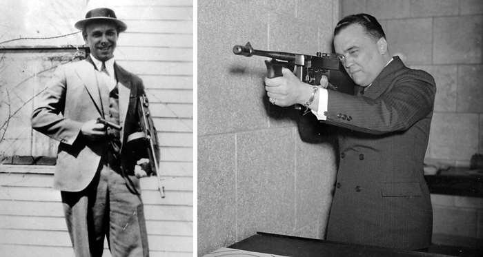 토미건은 갱스터와 경찰에게 모두 사랑받았다. 사진은 희대의 무장은행강도 존 딜린저(좌)와 미국 최고의 법집행기관 FBI의 수장인 J 에드가 후버(우) 국장이 톰슨 M1921 기관단총을 들고 있는 모습이다. <출처: Public Domain>