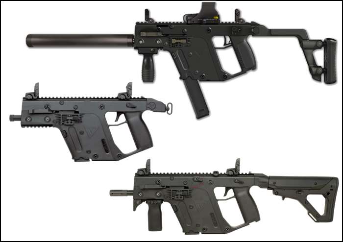 크리스 벡터 기관단총. 맨위로부터 풀옵션을 장착한 모델, 권총모델, 기관단총모델이다. <출처: KRISS USA, Inc.>