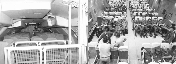 C-5A의 상부 승객캐빈(좌)과 승객좌석을 장착한 메인 화물캐빈(우)의 모습. <출처: 미 공군>