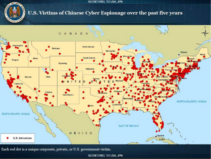 중국이 사이버 영역을 활용하여 미국 전역에서 전개한 스파이 활동 현황(2011∼2015) <출처: Fortune>