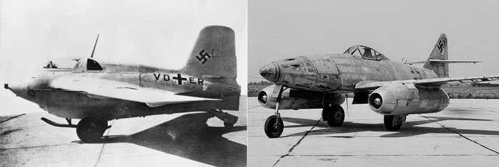 독일은 Me-163 코메트(좌)와 Me-262 슈발베(우)를 개발하며 제트전투기 시대를 개막했고, 미국은 전후 그 기술을 확보하기 위해 심혈을 기울였다. <출처: Public Domain>
