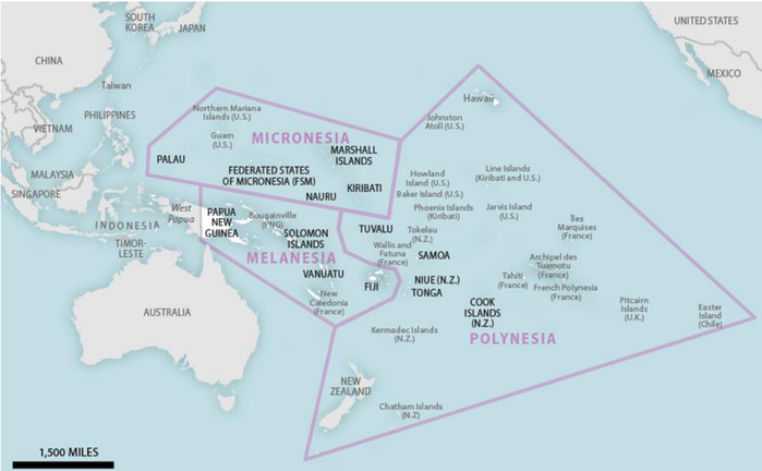 마이크로네시아의 최북단에 위치한 괌(Guam)과 팔라우(Palau)는 중국의 주방어선인 2도련선에 근접해있다. <출처: China’s Engagement in the Pacific Islands: Implications for the United States, 2018. 6. 14>