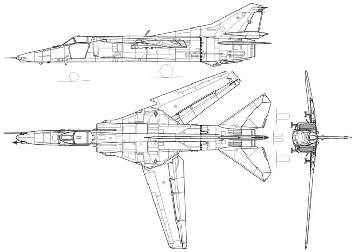 MiG-27의 삼면도. 외형상으로 기반이 된 MiG-23과 그다지 차이가 없다. < 출처 : (cc) Kaboldy at Wikipedia.org >