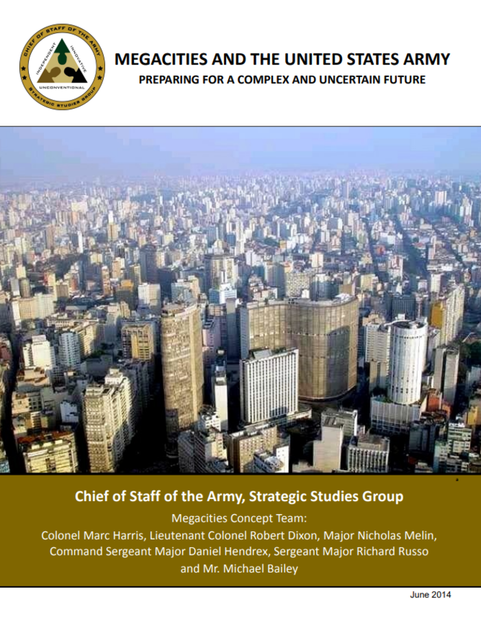 오디에르노 총장의 지시를 받아 전략연구단(ASSG)이 2014년 6월에 발간한 메가시티 관련 연구보고서 <출처: 미 육군>