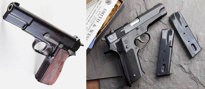 브라우닝 하이파워(좌)에서 시작된 9mm 대용량 권총은 1970년대 스미스&웨슨 M59(우) 권총 등이 등장하면서 유행하기 시작했다. <출처: Public Domain>