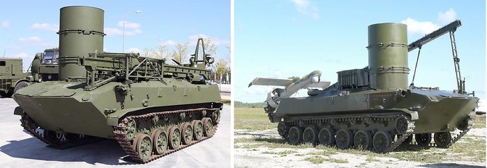 BTR-D 장갑차를 기반으로 하는 발사차량, 발사 레일을 접은 상태(좌)와 발사 준비 중인 상태(우) <출처 : airwar.ru>