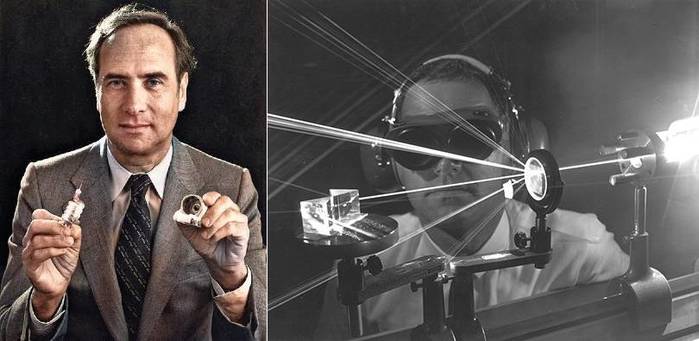 세계 최초로 레이저 기구를 개발한 메이먼 박사(좌)와 초기의 루비 레이저(우) <출처: HRL Laboratories,>