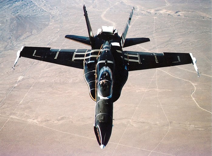 F-18 HARV는 후방 동체 끝에 추력편향용 패널이 설치되고, 기수 부분에 액티브 스트레이크가 장착했다. (출처: NASA)