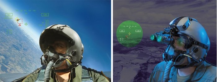 엘빗시스템즈에서 개발한 헬멧 고정식 디스플레이 시스템(HMDS). F-16V에 탑재된 HMDS는 조종사 헬멧 바이저에 보기 쉽게 정보를 출력하며, 중력이나 기타 요인으로 바이저가 눌리거나 찌그러져도 영상은 눌리지 않은 상태로 표시한다. (출처: Elbit Systems)