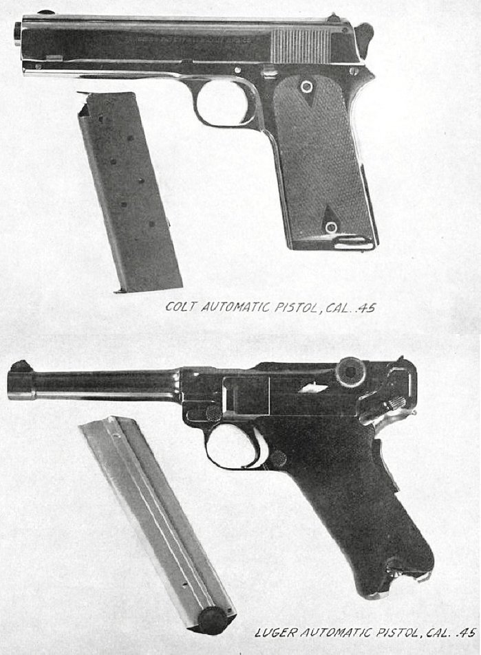 1907년 실시된 미 육군 제식 권총 사업에서 콜트 .45 구경(위)과 마지막까지 경쟁한 루거 .45(아래) < 출처 : Public Domain >