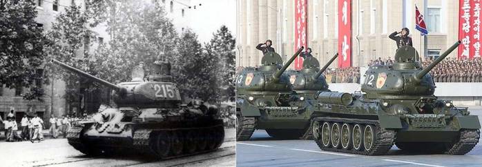 제2차 세계대전 당시 등장한 T-34는 북한에서 2021년 현재에도 운영중으로, 북한군의 정비능력이 경이롭기까지 하다. 사진은 6.25전쟁 시 서울로 입성중인 T-34 전차(좌)와 2015년 노동당 창건 70주년기념 열병식에 등장한 T-34 전차(우)의 모습이다. <출처: 미 국립문서보관소, 조선중앙TV>