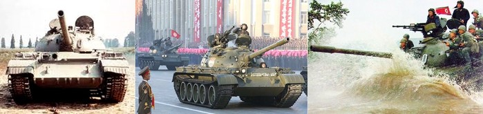 북한이 도입한 T-50 계열의 전차들. 좌측부터 T-54, T-55, Type-59 전차이다. <출처: Public Domain>