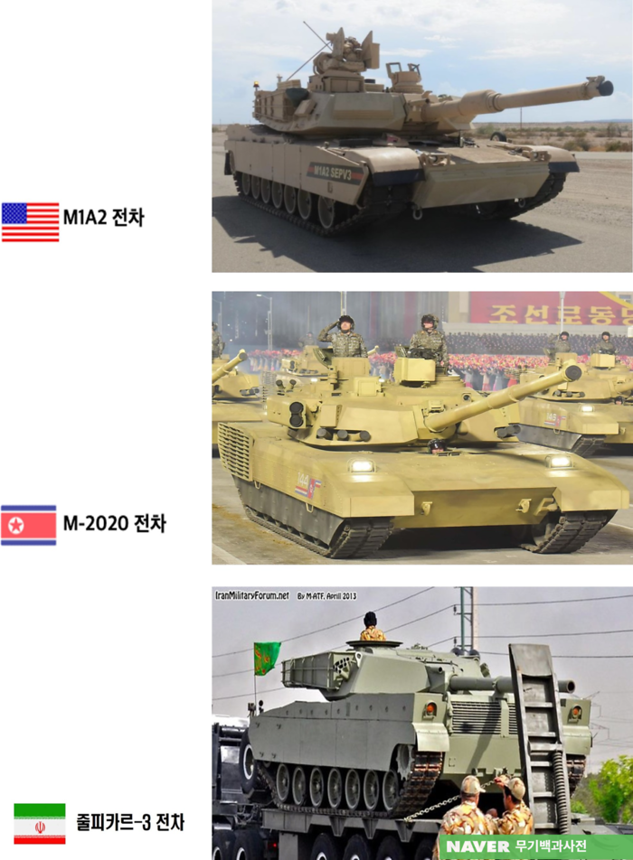 M-2020 전차와 미국의 M1A2 전차, 이란의 줄 피카르-3 전차의 형상은 놀랍도록 닮았다. 이는 M-60 전차의 설계 사상에 이란과 북한이 영향을 받은 것을 반증한다. <출처: NAVER무기백과사전>