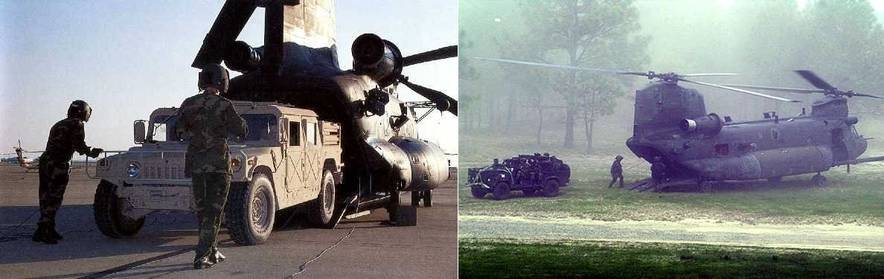 MH-47은 기본적으로 험비(좌)를 탑재하도록 설계되었지만 실제로는 어려워 작전에 적용할 수 없었고, 결국 특수부대들은 랜드로버 디펜더나 기타 다른 차량을 활용해야만 했다. <출처: US DoD>