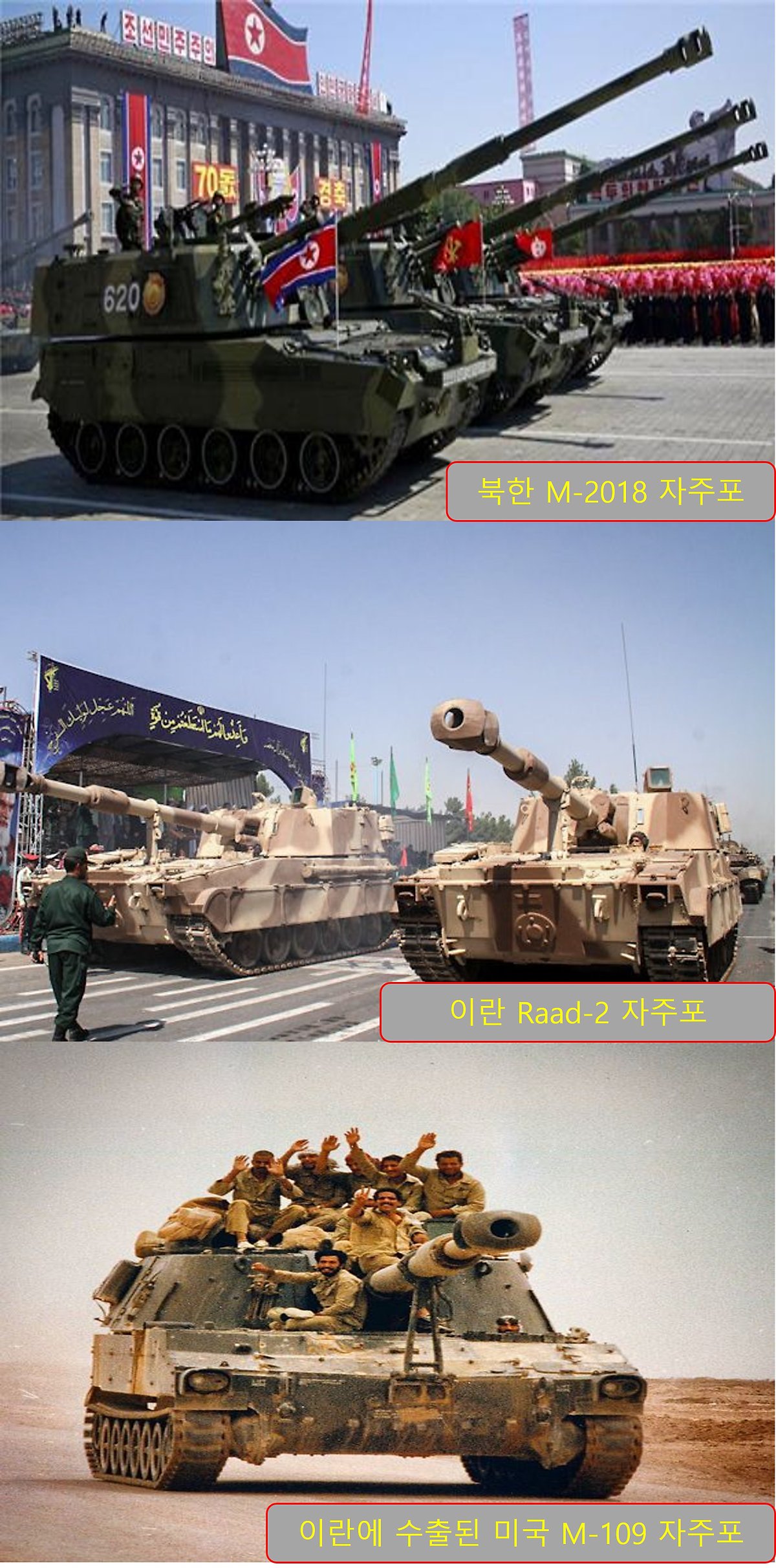 북한의 M-2018 자주포와 이란의 Raad-2 자주포, 미국의 M-109 자주포는 형상이 상당 부분 닮아있다. 이는 이란이 팔레비 왕조 시절 미국으로부터 수입한 M-109 자주포의 설계 사상에 이란과 북한이 영향을 받은 것을 반증한다. <출처: 조선중앙TV, Iran militaryForm.net 재구성 >