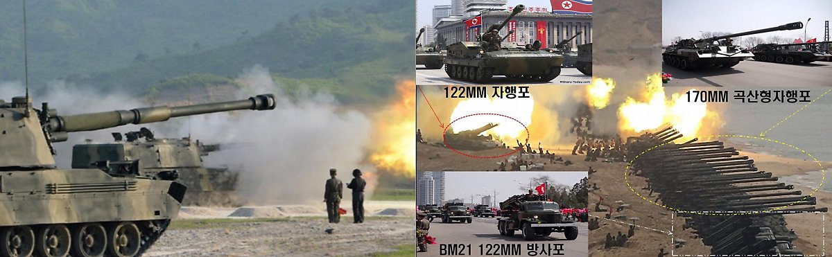 (좌)2019년 서부전선 포병부대 화력타격훈련, (우)2020년 동부전선 포병부대 화력타격훈련. 북한군은 서부전선부터 신형 자주포로 교체하고 있는 것으로 분석된다. <출처: 조선중앙TV>