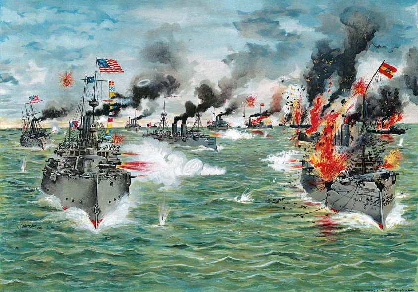 현대화된 미 해군 함대는 구형함 위주의 스페인 해군을 제압하면서 승리를 굳혔다. 그림은 1898년 5월 1일 아시아전대의 마닐라만 해전을 묘사한 것이다. <출처: US Naval History & Heritage Command>