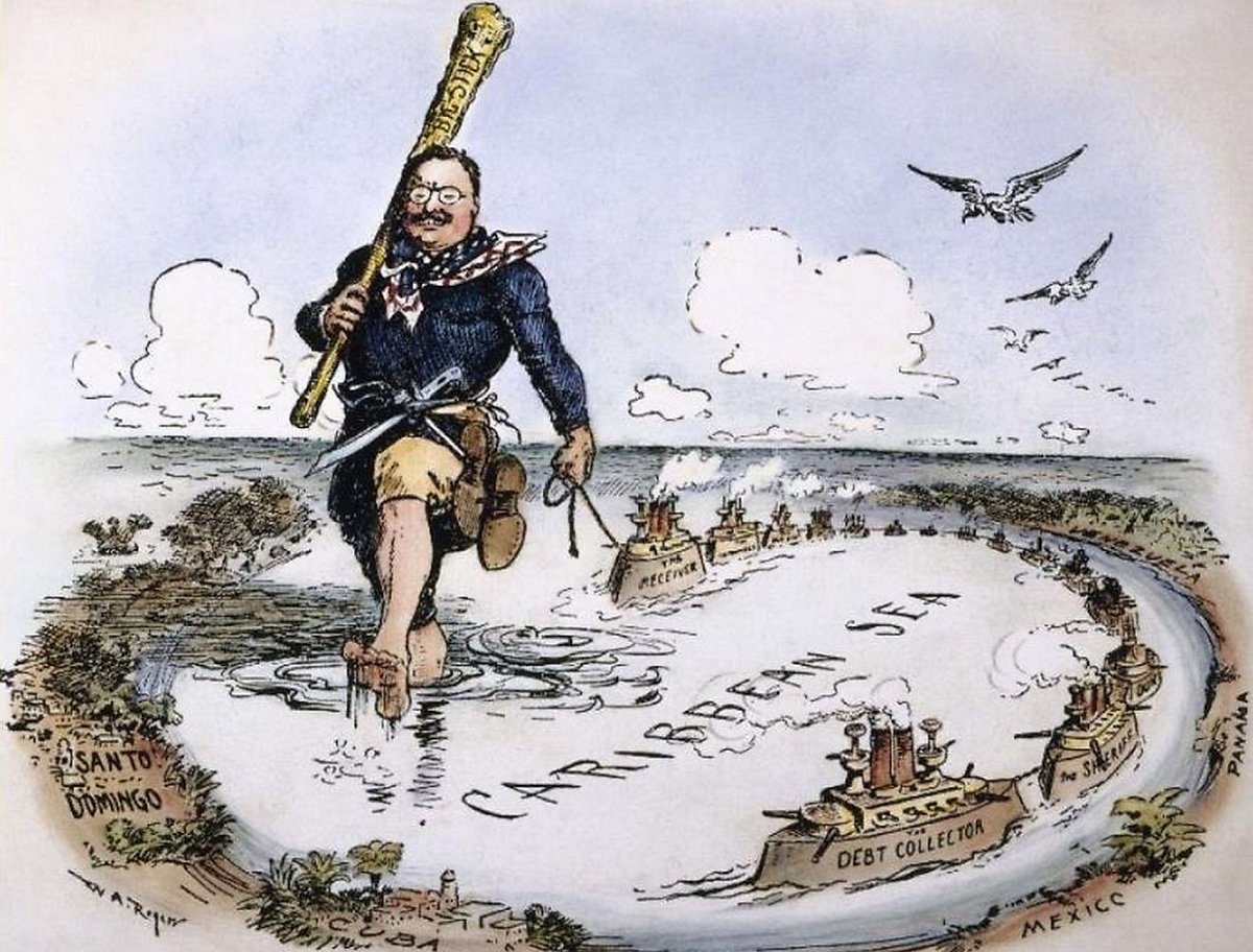 강력한 해군력에 바탕한 루즈벨트의 'Big Stick' 독트린을 풍자한 윌리엄 알렌 로저스의 시사만화 <출처: amhistory.si.edu>