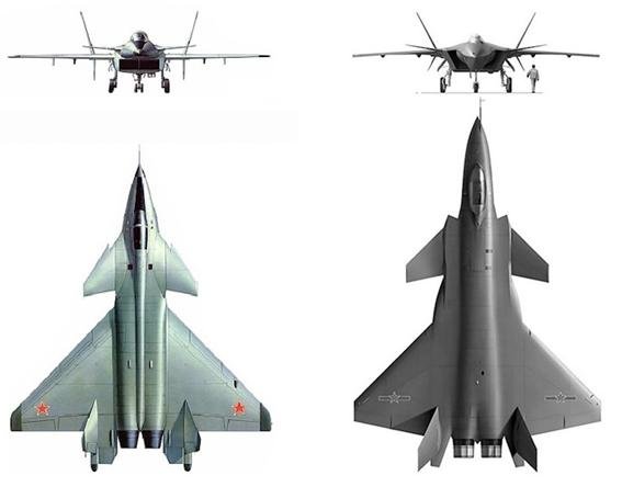 (좌) 러시아의 MiG-1.42/44MFI와 (우) 중국의 J-20. 조종석 부분과 공기 흡입구를 제외하고 전체적으로 MiG-1.42/44MFI의 영향을 받은 것을 알 수 있다. <출처 : Desmond Tan / Quora>