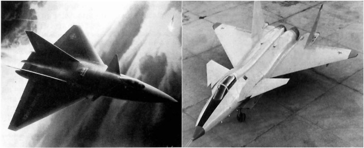 (좌) 미국 록히드마틴의 ATF 시제기와 (우) 미코얀 구레비치 설계국의 MiG-1.42/44MFI의 모습. 칵핏의 형태, 카나드의 채용, 델타익의 주익 형상, 쌍발엔진 채용 등 대부분의 형상이 일치한다. <출처 : Air Power Australia, Public Domain>