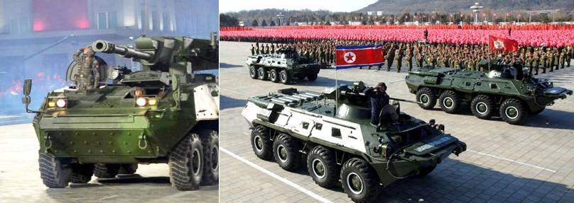(좌) 북한군 M-2020 기동포와 (우) 2010년 열병식에서 공개된 M-2010 준마 APC. 차체의 형상이 완전히 일치한다. <출처 : 네이버 무기백과, 조선중앙TV>