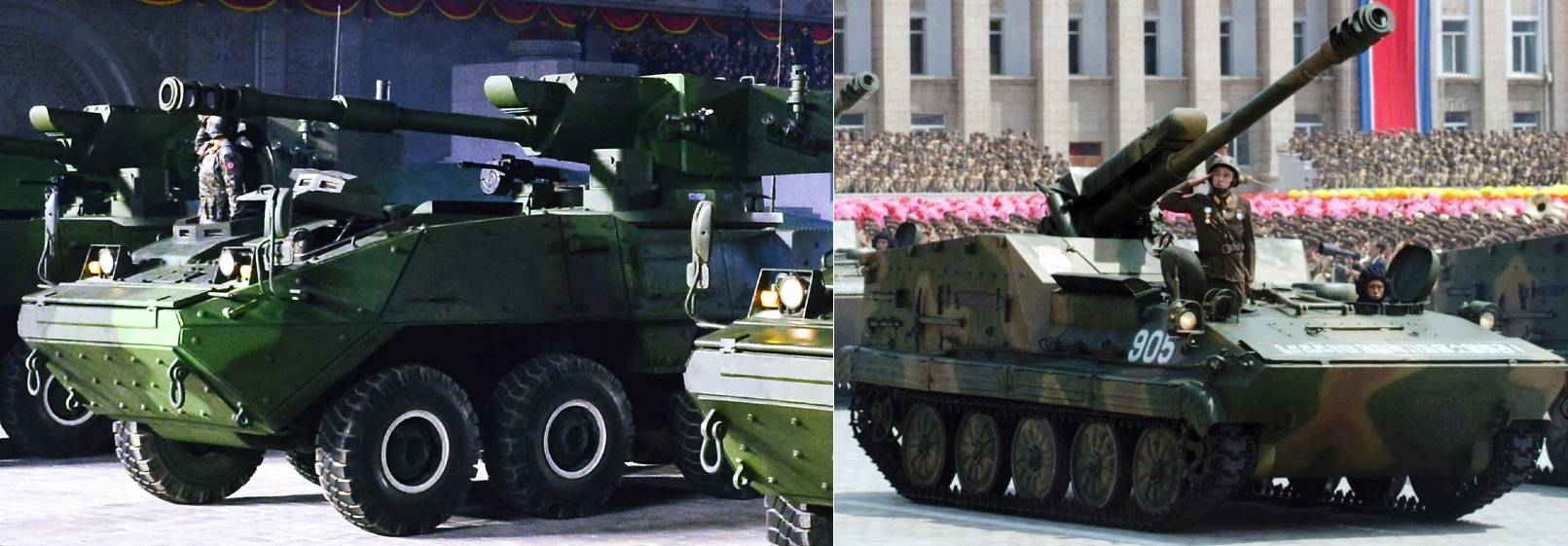 (좌) 북한군 M-2020 기동포와 (우) M-1985 122mm 자주포. 포신의 형상과 장경 등이 일치한다. <출처 : Public Domain>