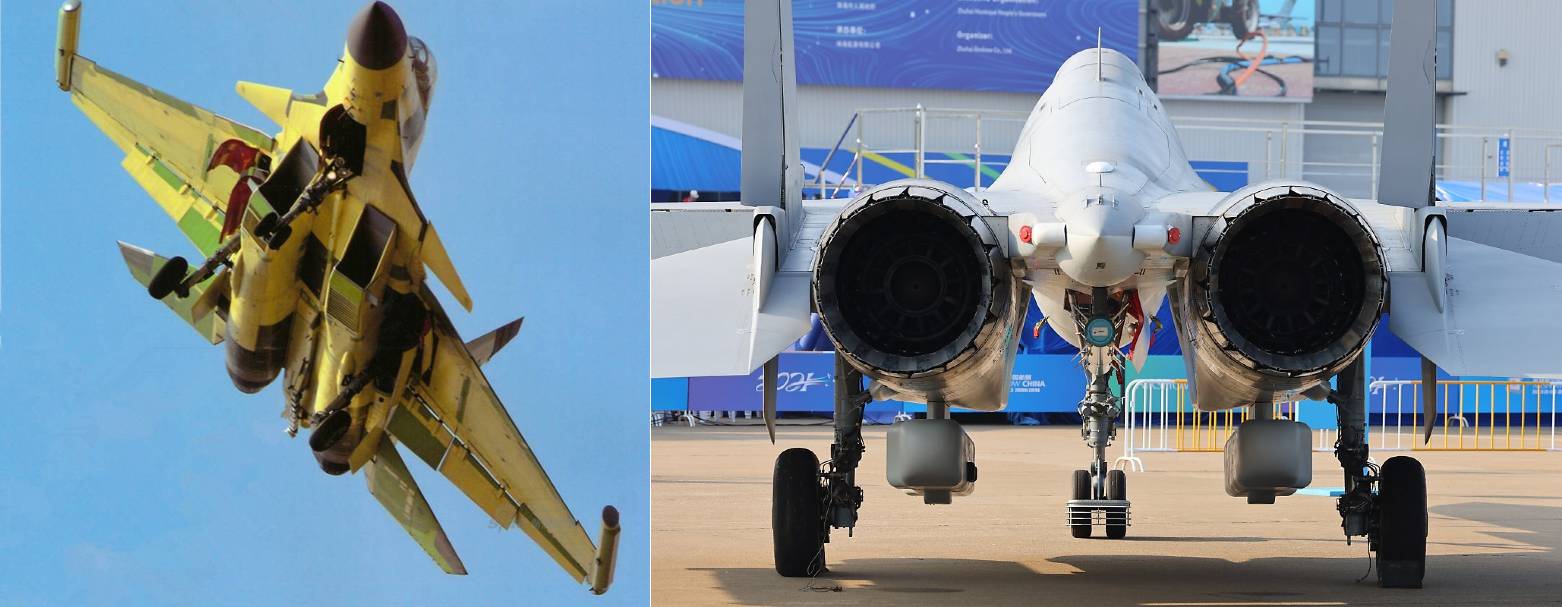 (좌) J-15D의 비행 실험 테스트 장면과 (우) 주하이 에어쇼에서 공개된 J-16D의 전자전 포드. 주익의 양 끝단에 전자전 포드로 보이는 장비가 식별된다. <출처 : 유용원의 군사세계, CGTN>