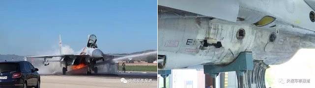(좌) 엔진에 불이 붙어 비상 착륙하는 J-15 전투기와 (우) 화재 진압 후 버드 스트라이크로 추정되는 모습. WS-10A 엔진의 신뢰성을 의심하게 한다. <출처 : China Military Review>