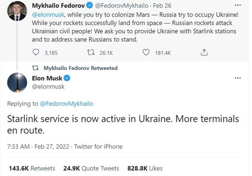 우크라이나의 부총리 겸 디지털혁신장관인 미하일로 페도로프(Mykhailo Fedorov)가 2월 24일 스페이스X 최고 경영자인 일론 머스크(Elon Reeve Musk)에게 위성 인터넷 서비스인 스타링크(Srarlink)의 개통을 요청한 트위터 내용.