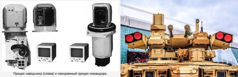 (좌) BMPT-72 터미네이터2의 단차장용 파노라마 조준경과 (우) 포탑 정면 <출처 : Public domain>
