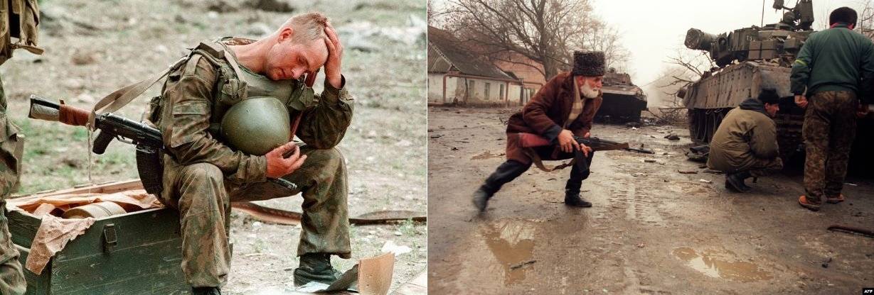 그로즈니 전투에서 살아남은 러시아 장병과 t-72 전차 뒤로 기동하는 체첸 시민군 <출처 : Public Domian>