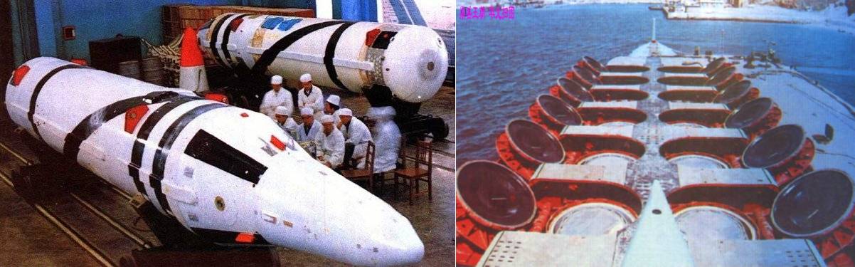 (좌) 중국 최초의 SLBM인 JL-1의 지상 검사 장면과 (우) 092형 샤급 잠수함의 SLBM 사일로. 전략적 핵 억지력으로 운용되기엔 너무 짧은 사거리는 치명적인 약점이었다. <출처 : 네이버 무기백과>