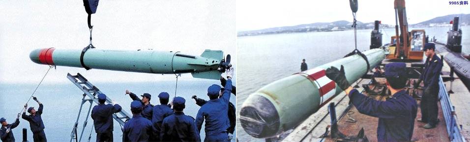 (좌) 중국의 533mm Yu-3 중어뢰와 (우) 중국의 533mm Yu-3 중어뢰. 두 어뢰 모두 소련의 SET-65E 기반으로 개발했다. <출처 : Public domain>