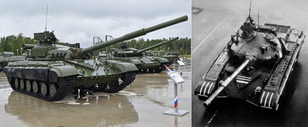 소련의 주력전차였던 (좌) T-64 전차와 (우) 수적 주력이었던 T-72 전차. 걸프전과 중동전에서 서방 국가들의 전차들과 대규모 기갑전이 펼쳐지기 전까지 서방 세계의 공포의 대상이었다. <출처 : public domain>